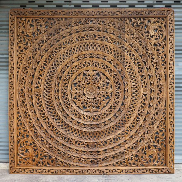 Large Handmade Relief Carving Tropical, Large Round Carved Wood Wall Art