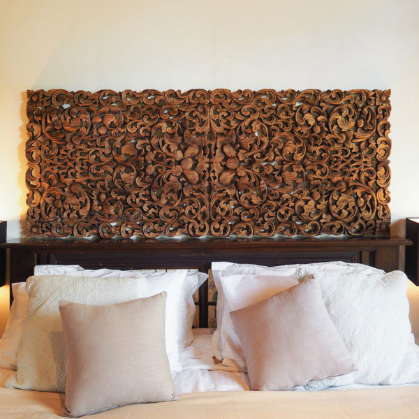 Wall art decor handcrafted wood carving king size headboard motif flower and leaf natural color 72 inches