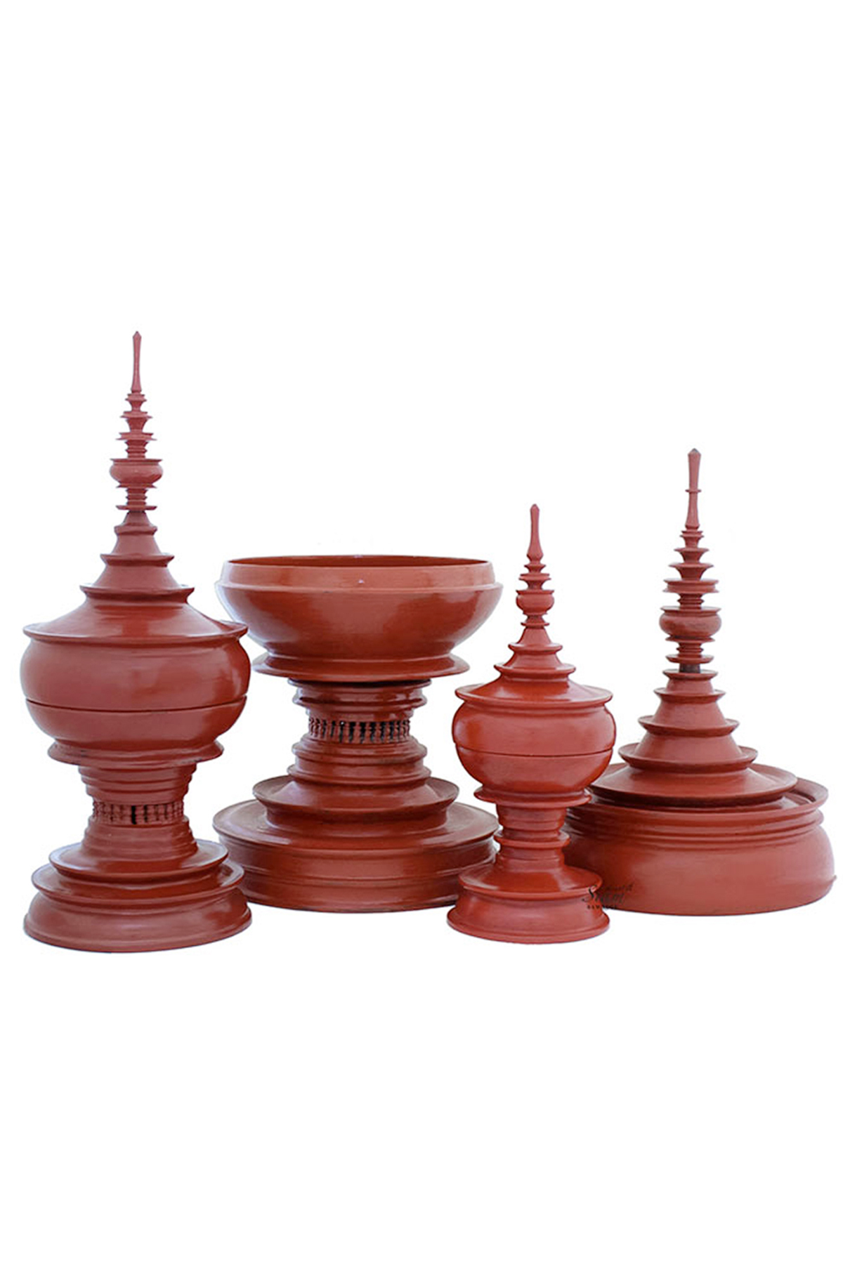 Buddhist-Food-Offering-Vessel-Handmade-Traditional-Stupa-shaped-in-red-color-from-Myanmar-Oriental-Decor