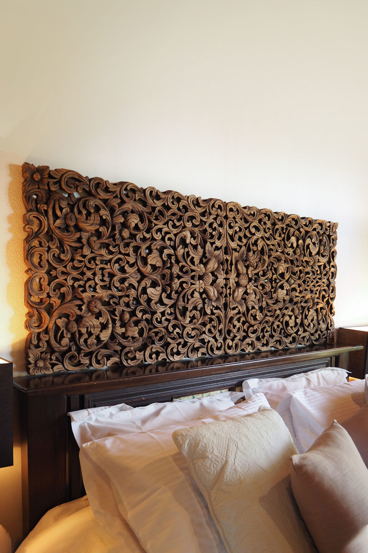 Bed headboard king size hand-carved wall art mounting dark walnut wood stain 72 inches