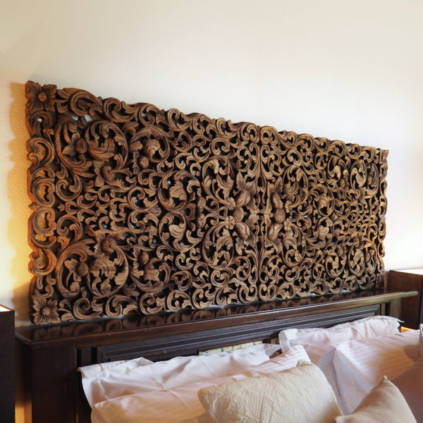 Bed headboard king size hand-carved wall art mounting dark walnut wood stain 72 inches