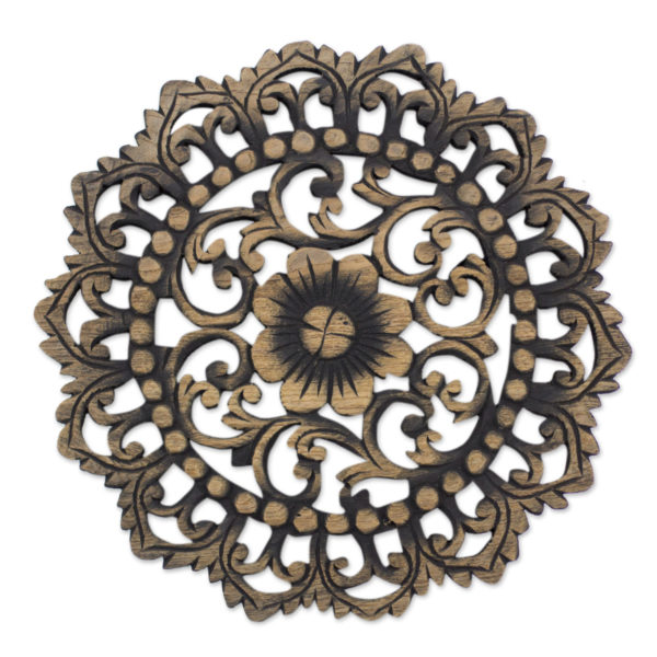 Decorative Wooden Wall Relief Panel, Round Carved Wood Wall Art