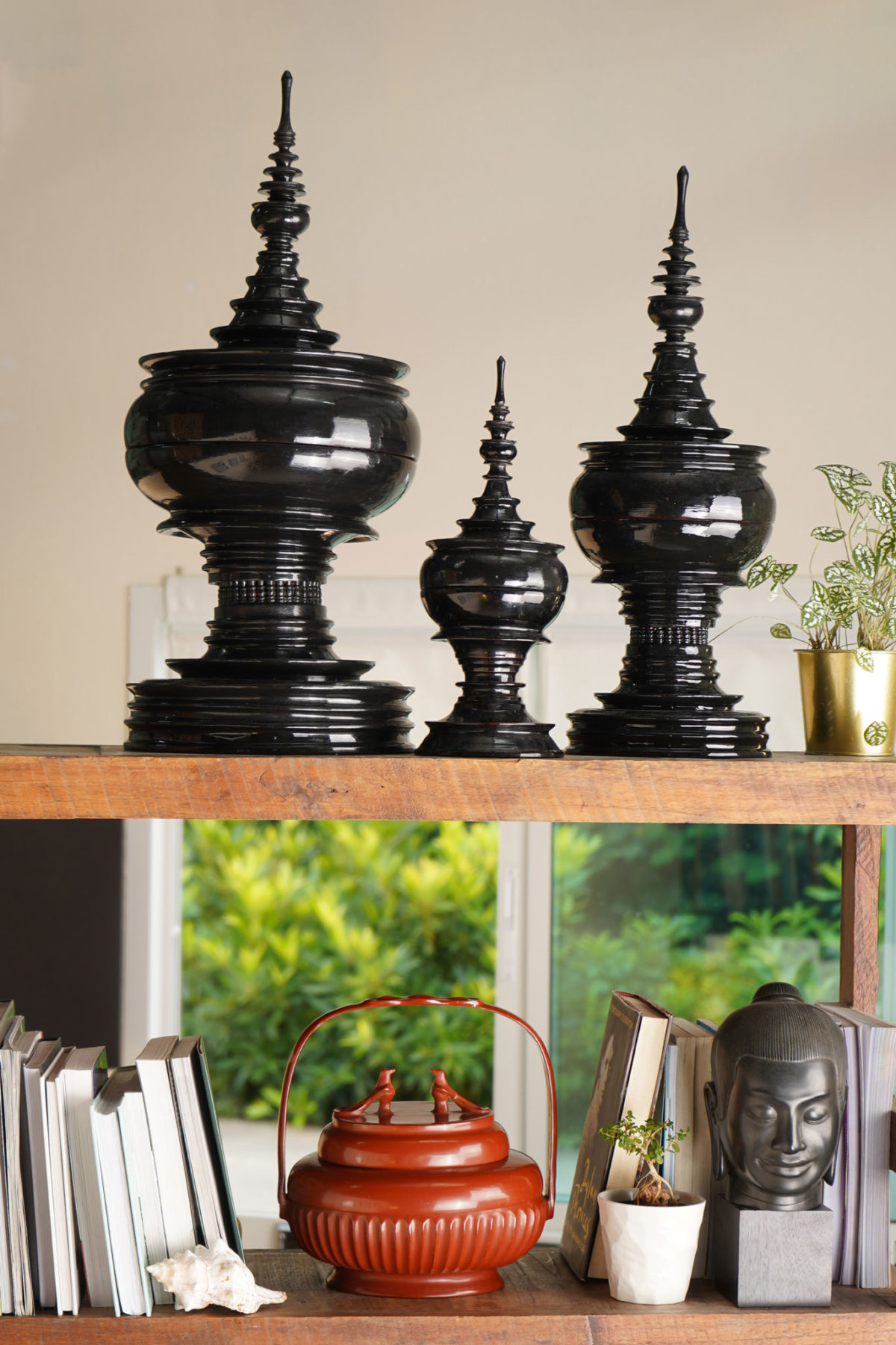 Burmese stupa lacquered food offering vessel-set of black color-1