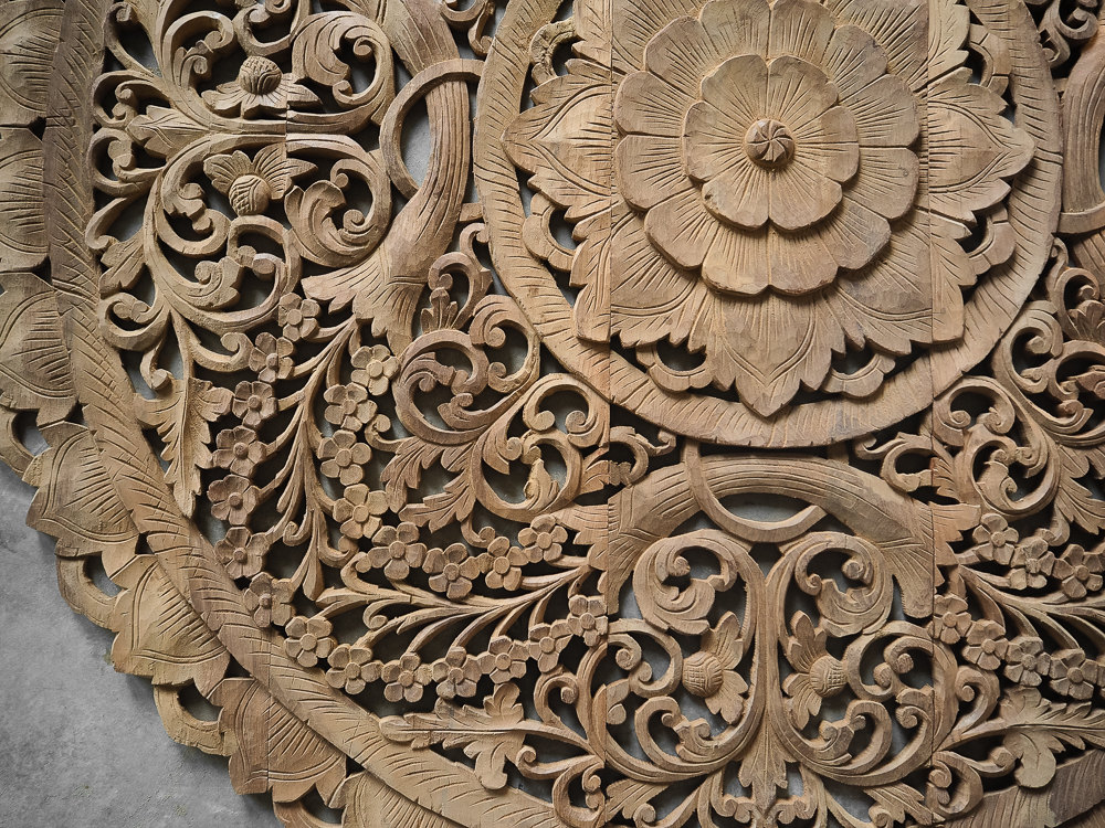 Circle Carved Wooden Wall Art Buddhist Flower Panel - Carved Wood Panels Wall Art