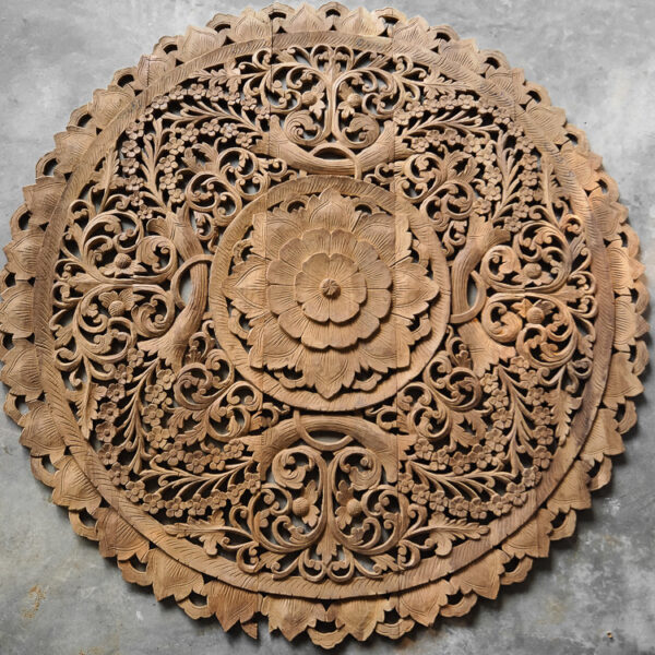 Circle Carved Wooden Wall Art Buddhist Flower Panel Siam Sawadee