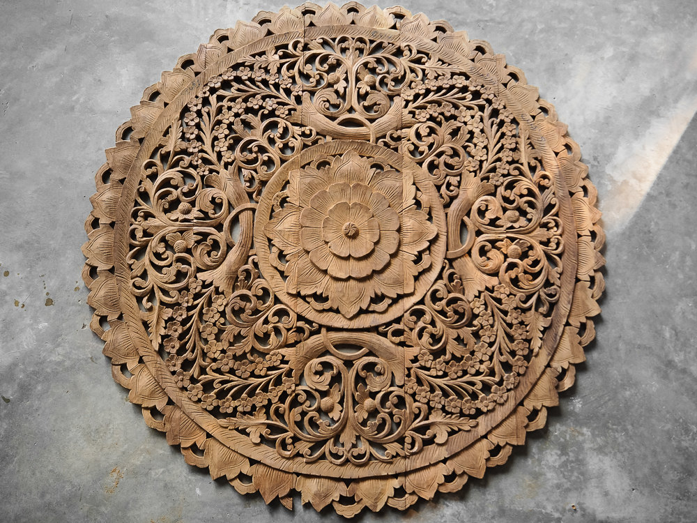 Circle Carved Wooden Wall Art Buddhist, Round Carved Wood Wall Art