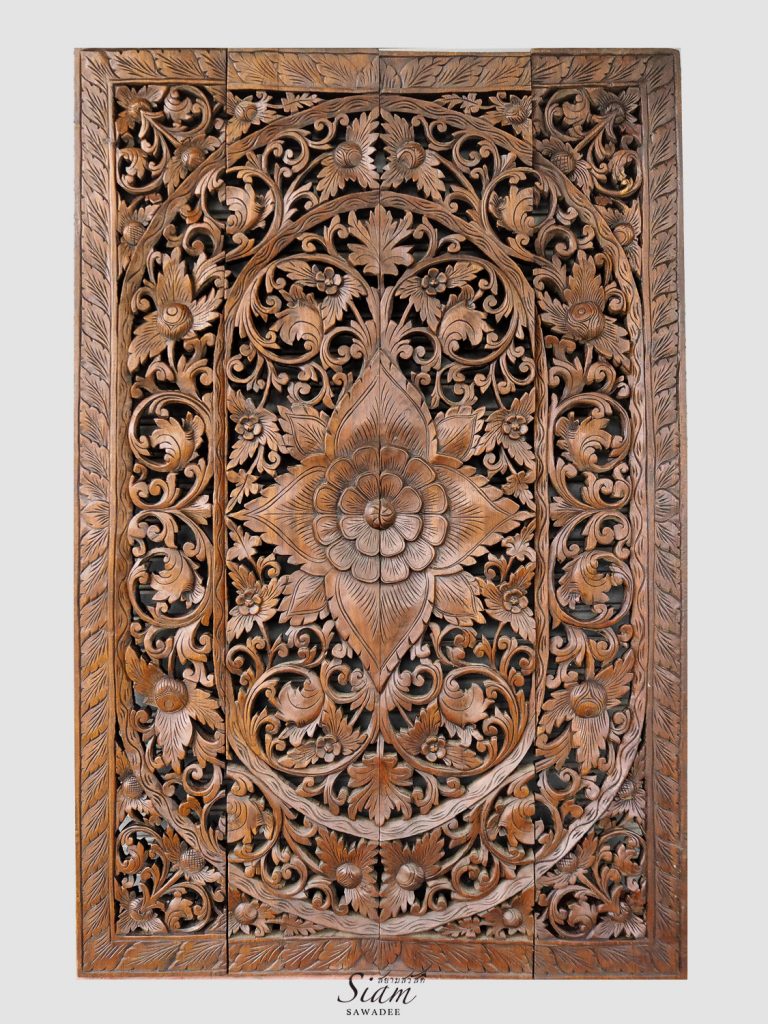 Balinese Flower Wood Carving Bed Headboard Siam Sawadee