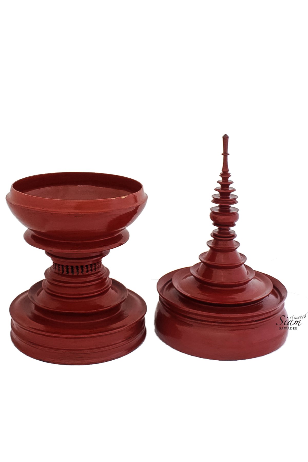 Burmese stupa lacquered food offering vessel-set of red color-2