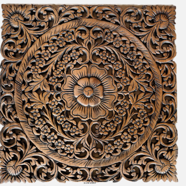 Thai Motif Floral Carved Wood Wall Hanging Siam Sawadee