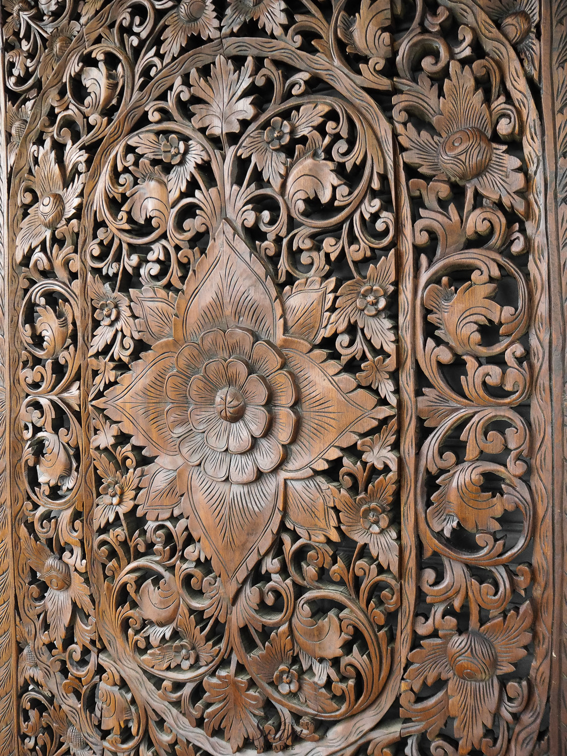 Balinese Flower Wood Carving Bed Headboard - Siam Sawadee