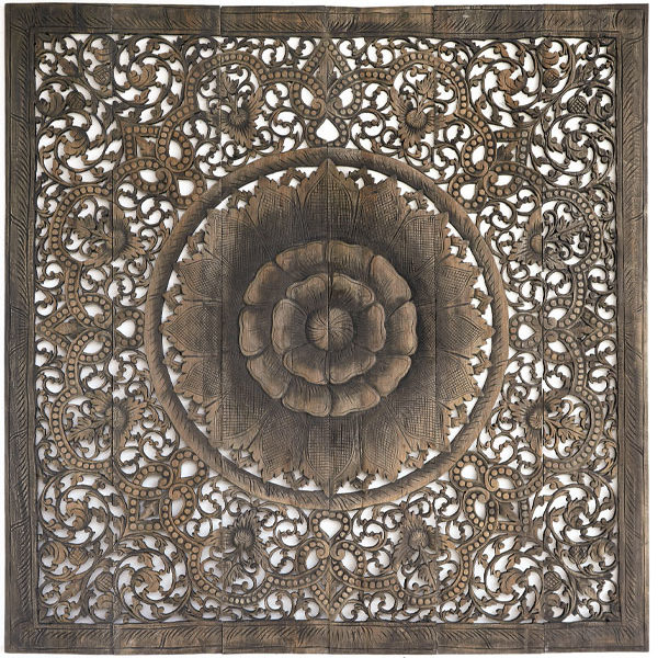 Mandala Carved Wood Wall Art Panel Grey Headboard - Wood Carved Wall Art Uk