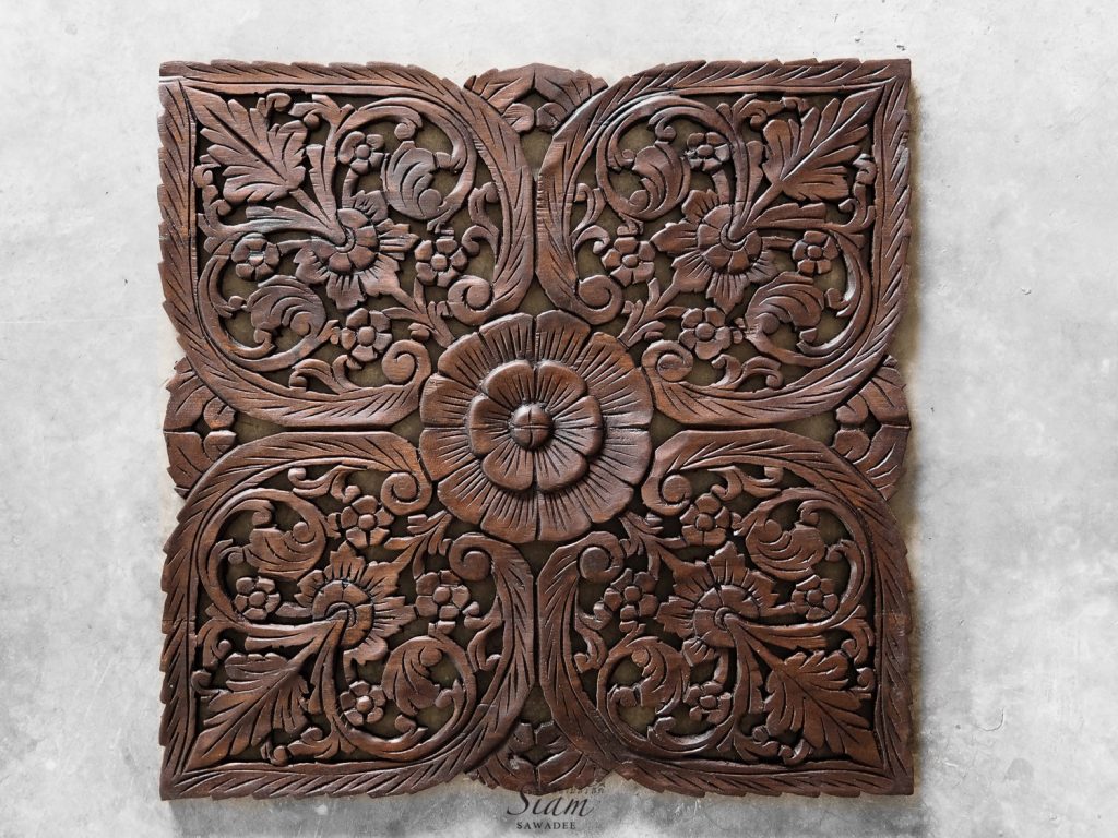 Thai Oriental Lotus Carved Wood Wall Art Decor - Siam Sawadee