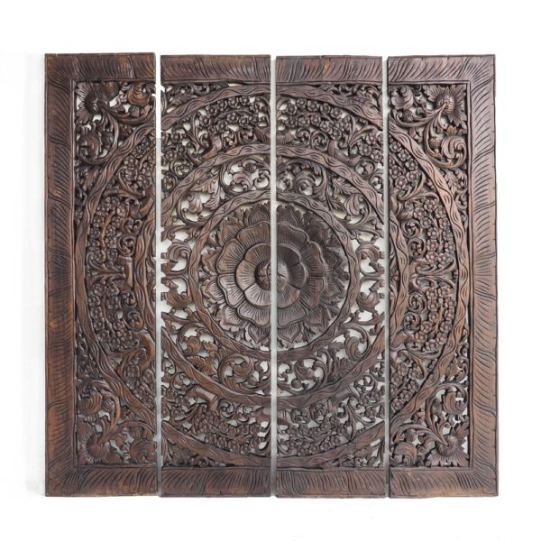 Carved Wooden Wall Art Hanging Painted In Dark Brown On Teak Wood Chiang Mai Thailand 5 600x600 - Elegant Lotus Carved Wall Hanging Panel