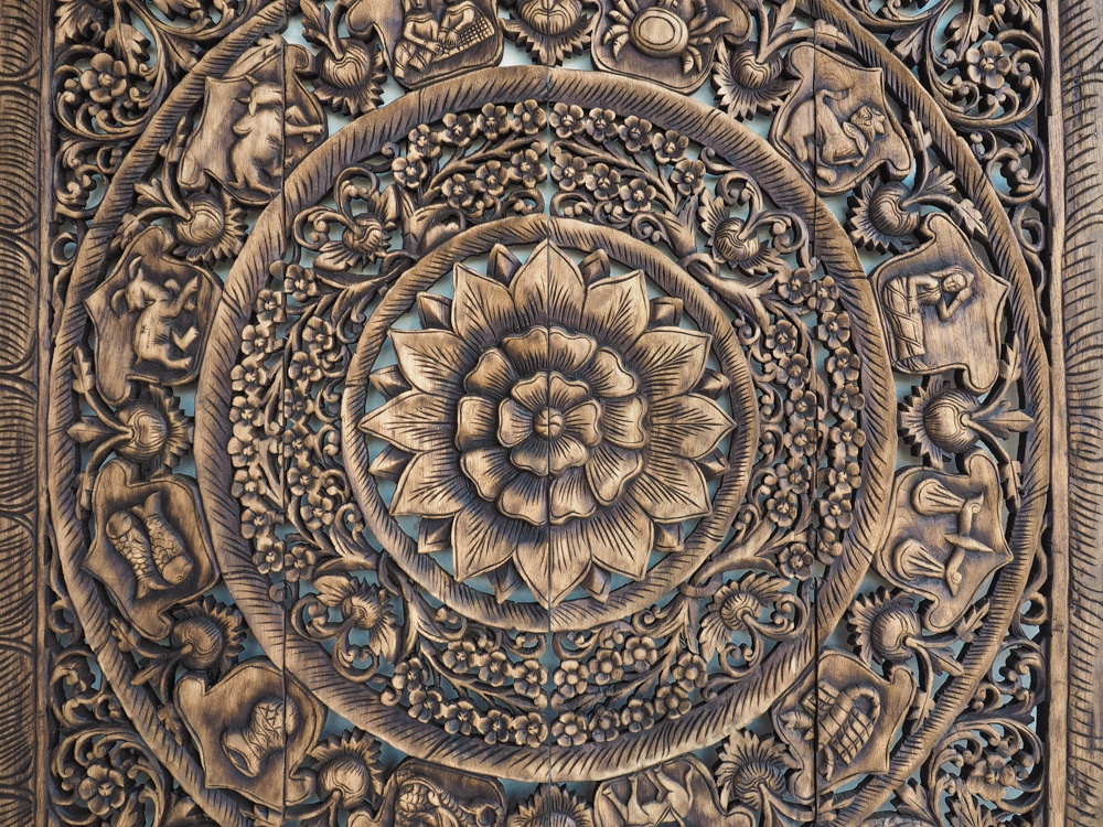 Carved Wood Panel w Feng Shui Grid 