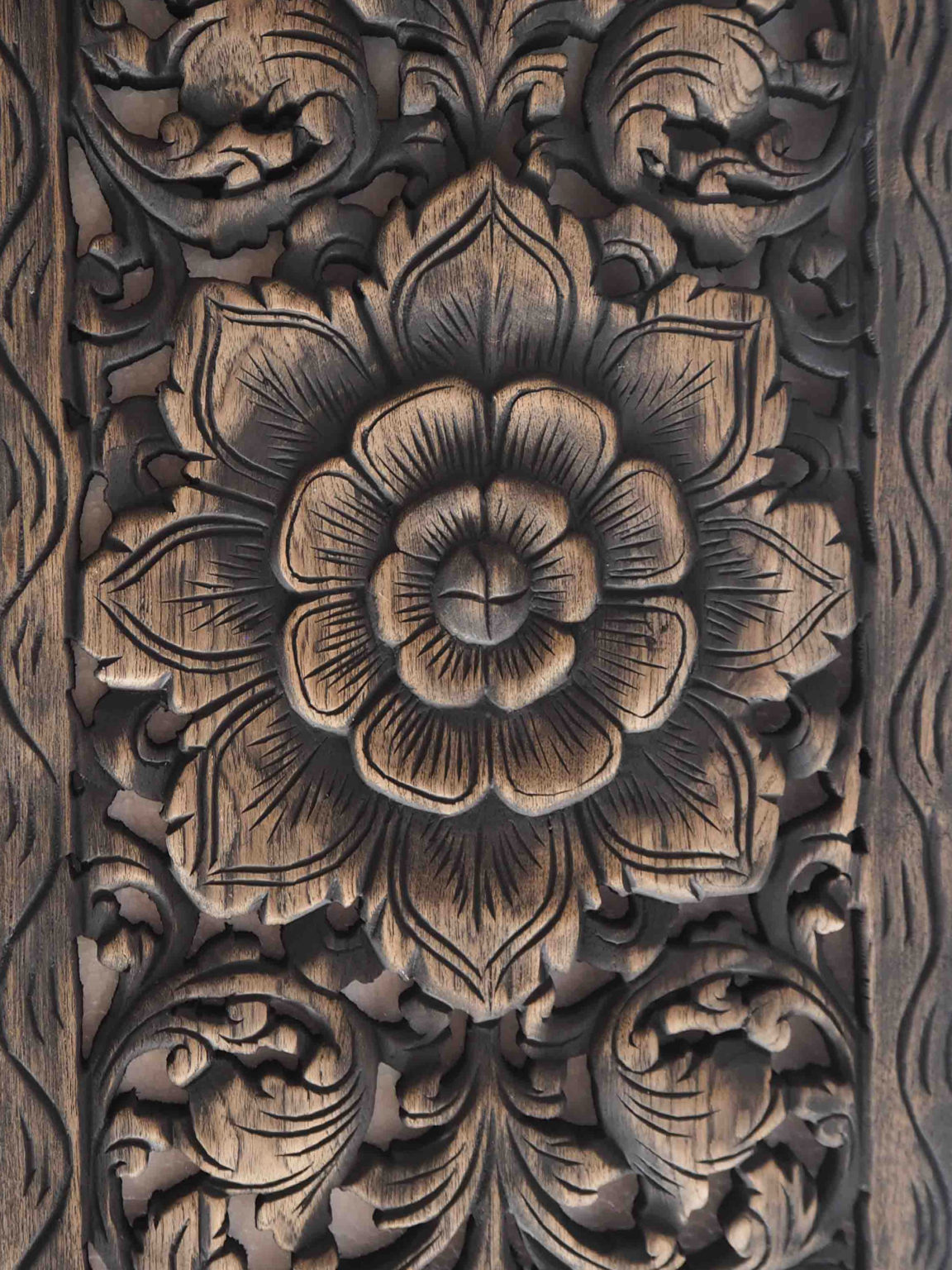 Thai Lotus Wood Carving Wall Art Panel Siam Sawadee