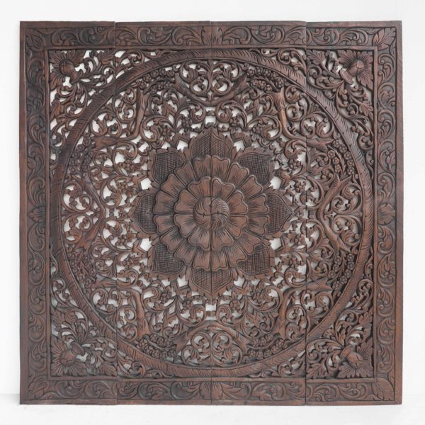Relaxing Floral Hand Carved Wooden Wall Art Decor Hand Painted In Dark Brown Thailand 600x600 - Respectful Floral Wood Plaque Wall Decor