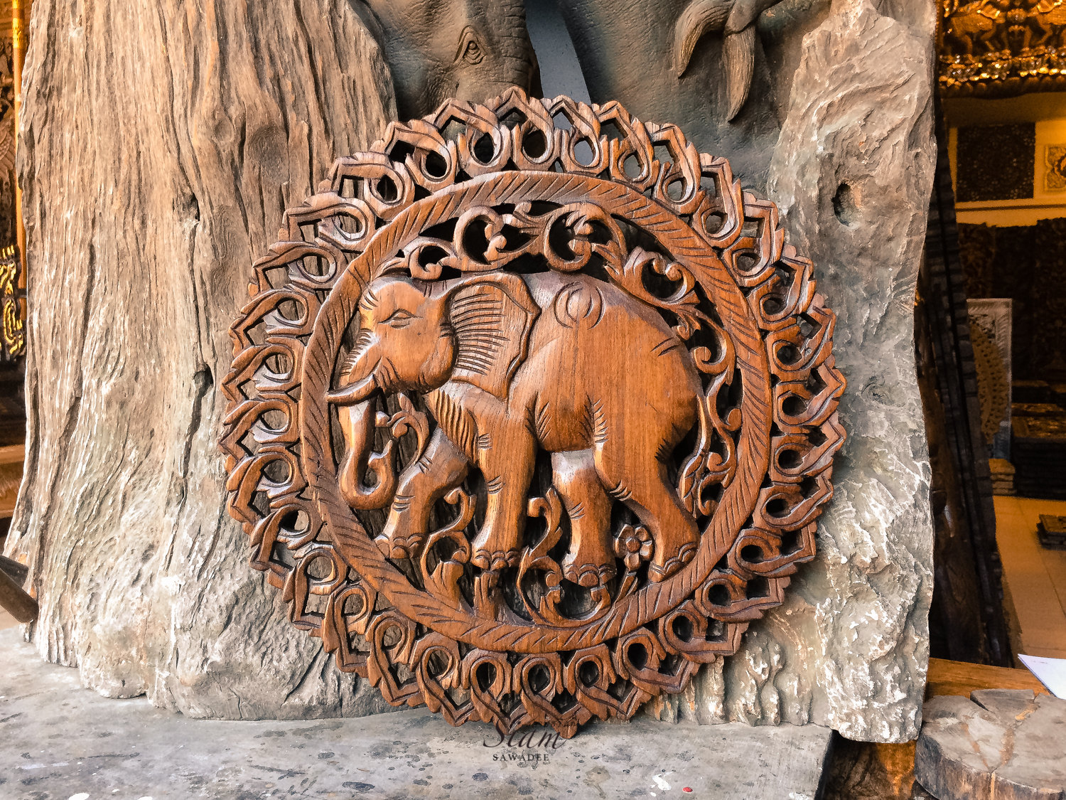 Camphor Wood Carved Elephant Plaque Wall Hanging Wooden Sculpture Art Decor 