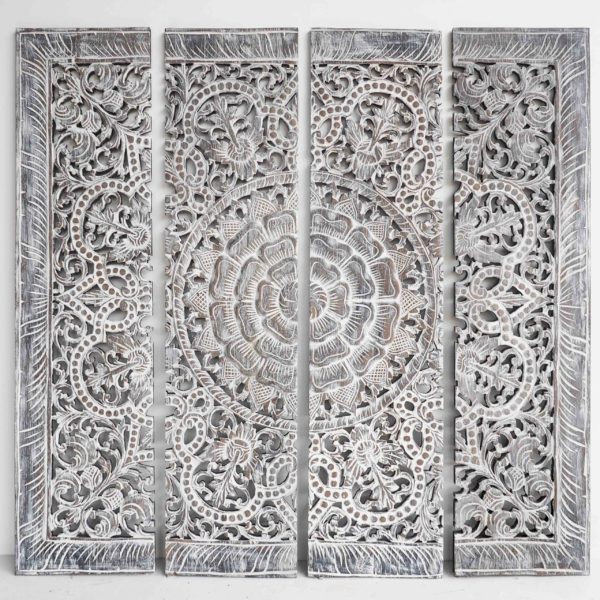 Wooden Mandala Carving In Reclaimed Teak Wood Hand Painted In Distress White Wash From Thailand scaled 600x600 - Mandala Wood Carving Wall Art Paneling