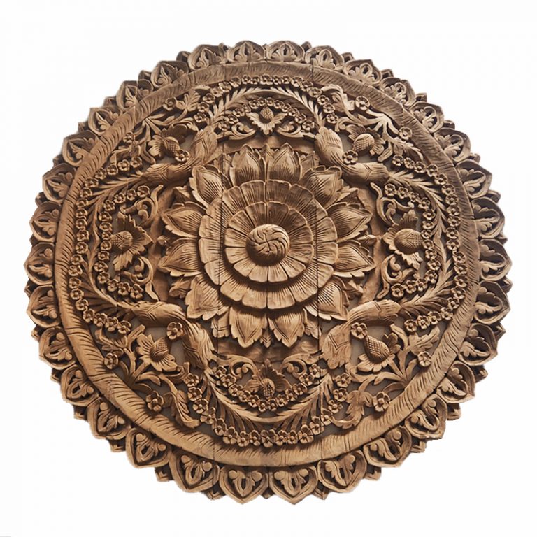 Circle Thai Artifact Wood Carving Wall Sculpture, Wall Mount Headboard