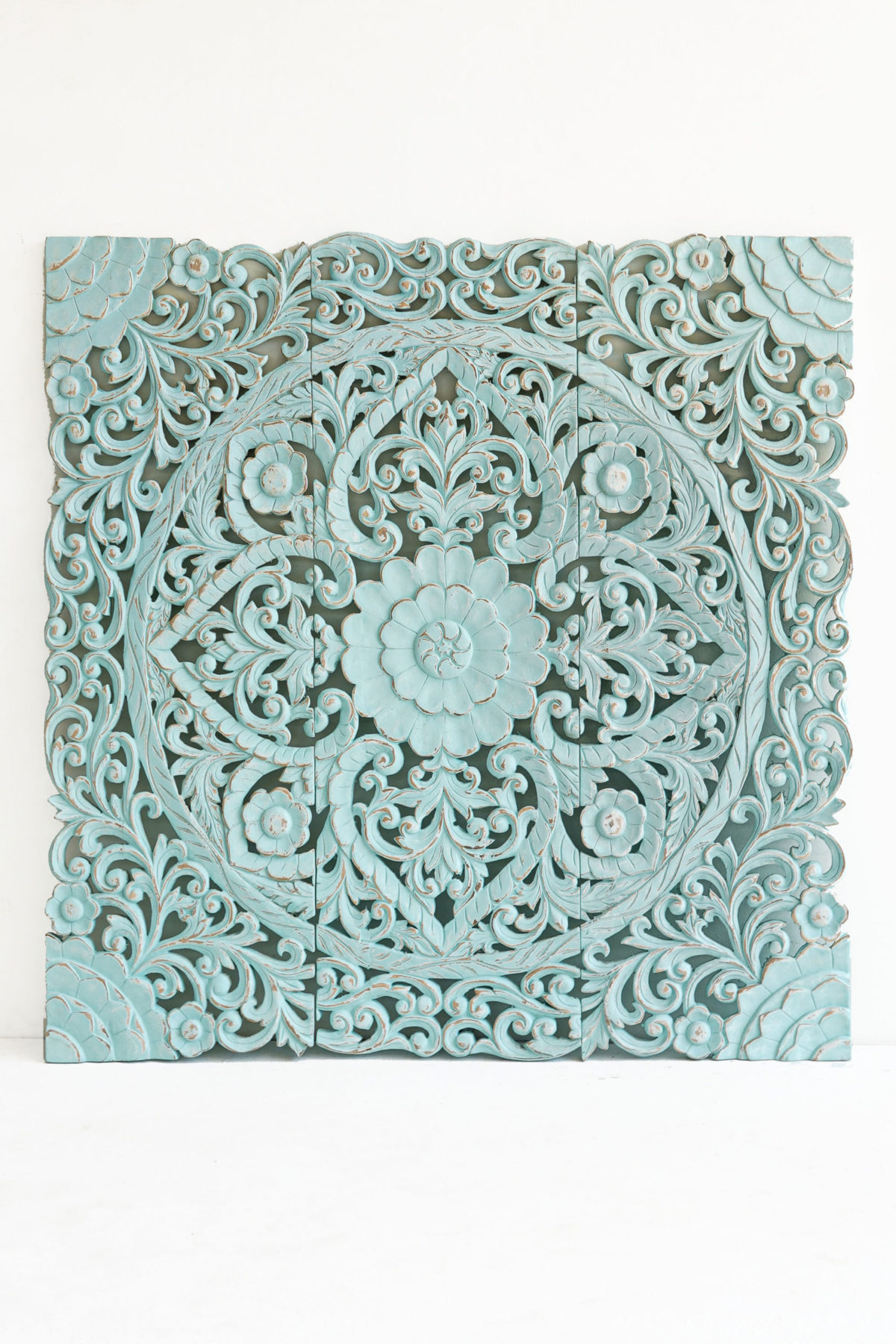 Hand painted blue wash wooden carved panels
