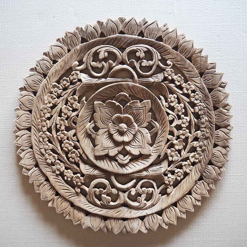 Teak Wood Wall Carving Round Flower Thai Carved Wooden Plaque Relief Panel  23" 
