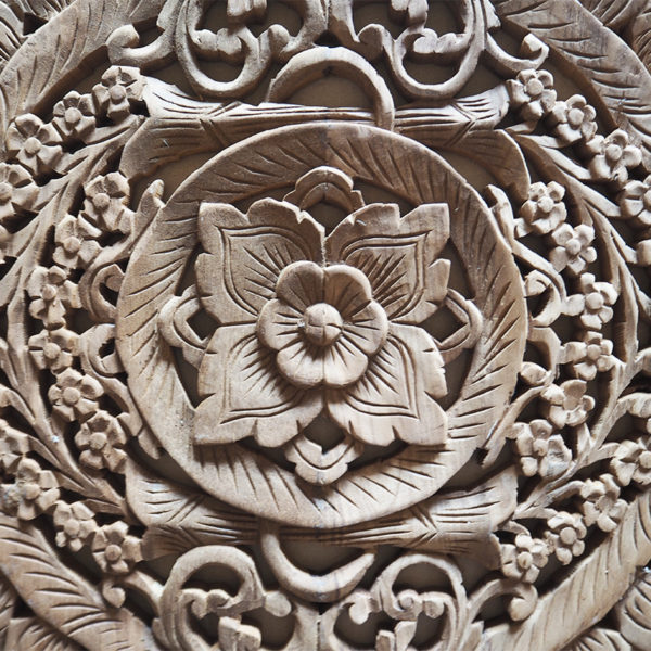 Teak Wood Wall Carving Round Flower Thai Carved Wooden Plaque Relief Panel 11.5" 
