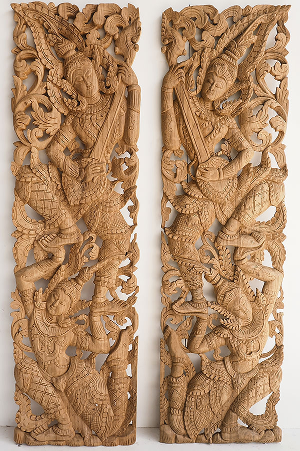 Pair Of Wooden Wall Art Panel - Thai Wood Wall Decor