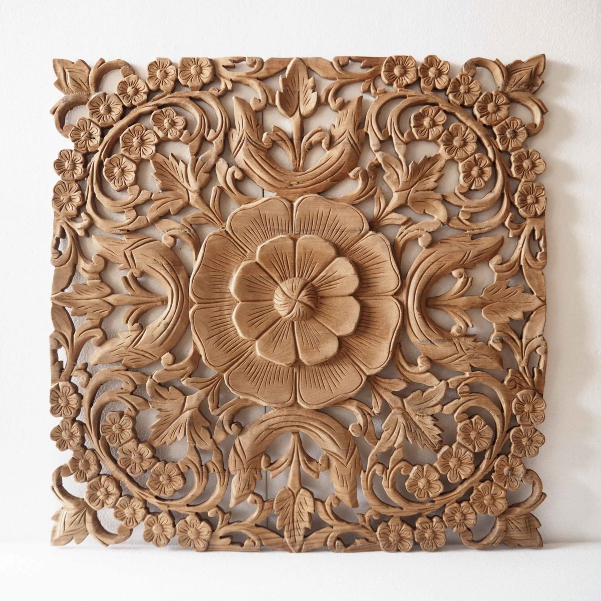 Thai Hand Carved Lotus Relief Panel