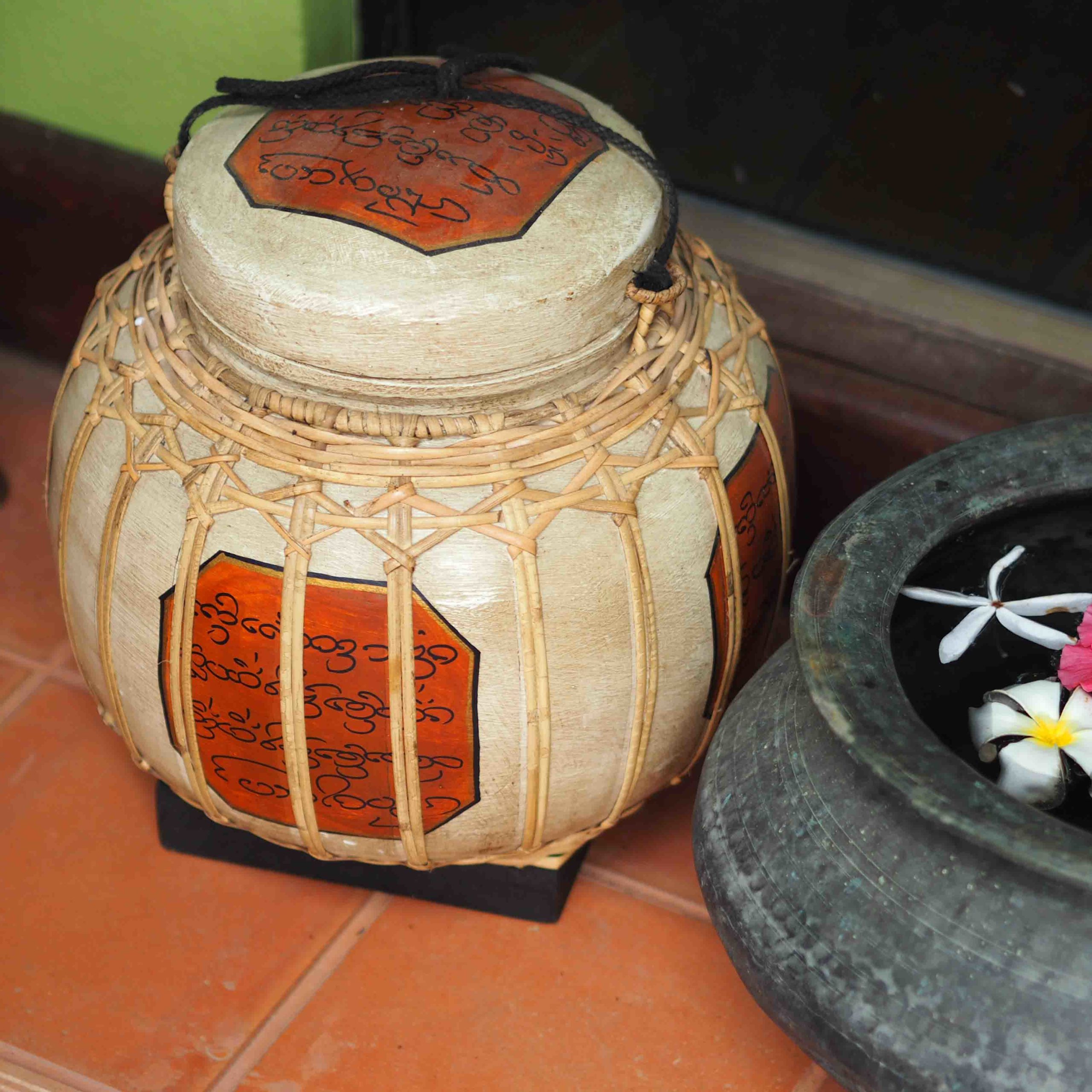 Handcrafted Asian Rice Box with Thai Writing
