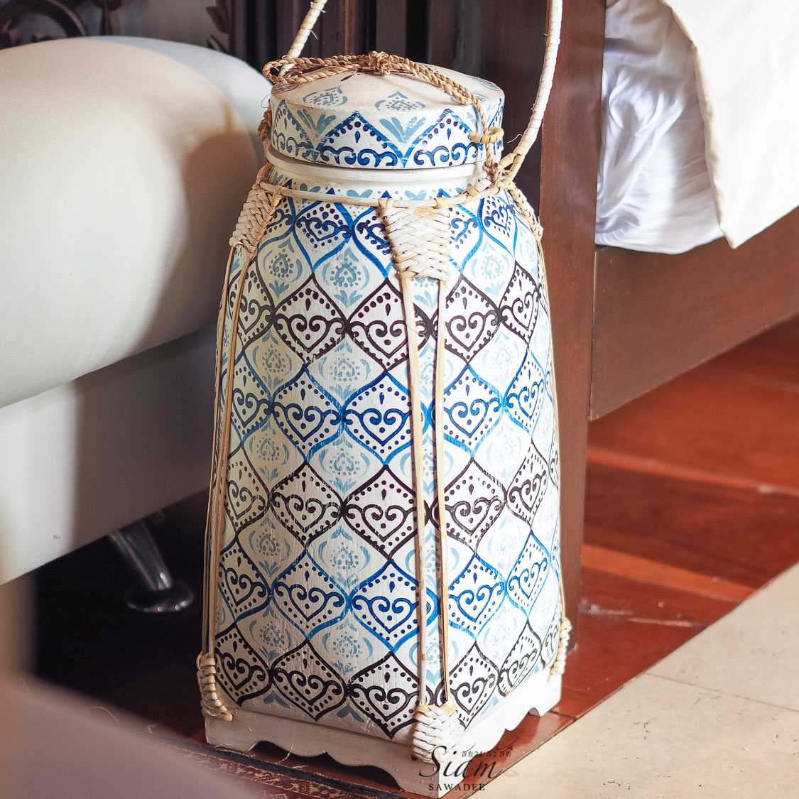 Handmade-White-And-Blue-Thai-Basket-Box.-Decorative-Kitchen-Storage.-Handcrafted-Of-Woven-Bamboo-From-Thailand.-Moroccan-Design Thai Rice Bamboo Box