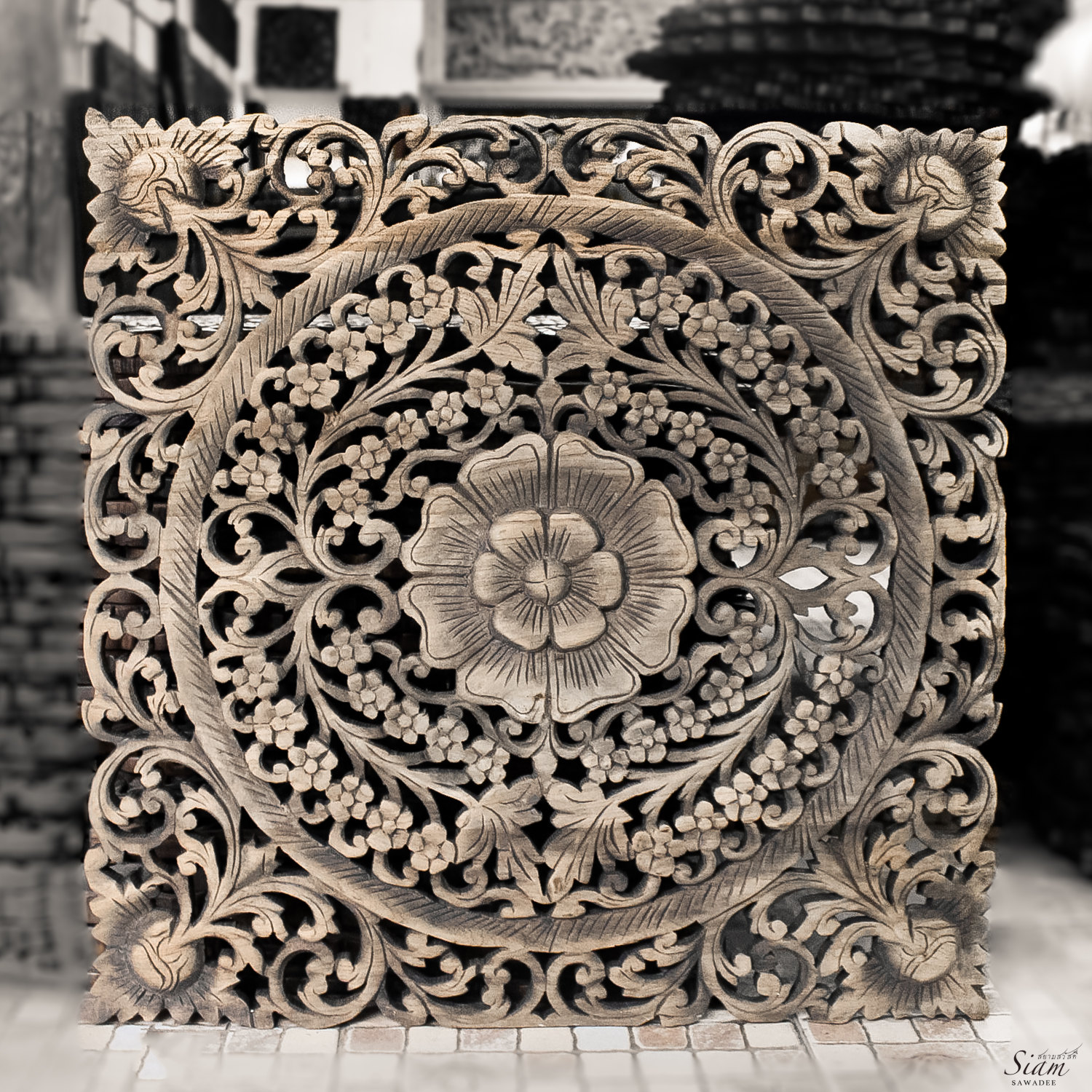 Thai Motif Floral Carved Wood Wall Hanging