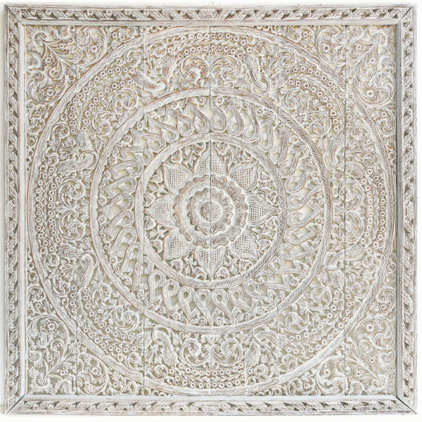 King size be panel wethered white wood carved motif flower design boho wall art hanging