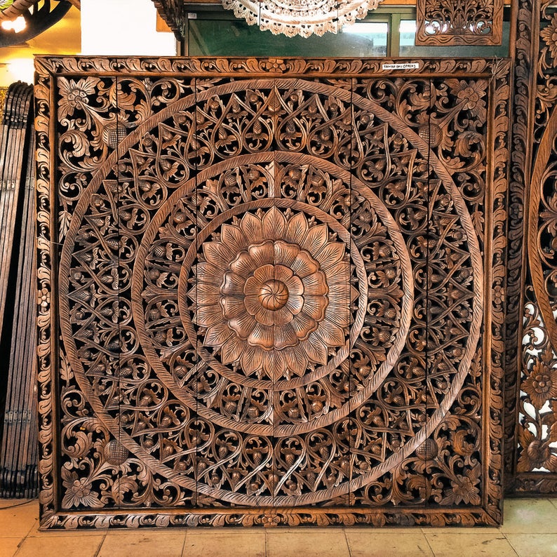Bohemian king size headboard Mandala solid reclaimed tropical wood 72 inches brown color