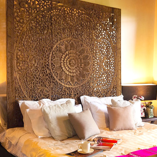 King Lotus Bed Headboard with Frame brown mandala Thai handcrated