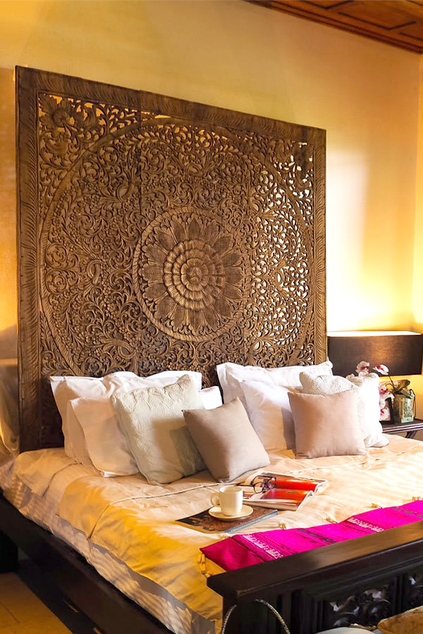 King Lotus Bed Headboard with Frame brown mandala Thai handcrated