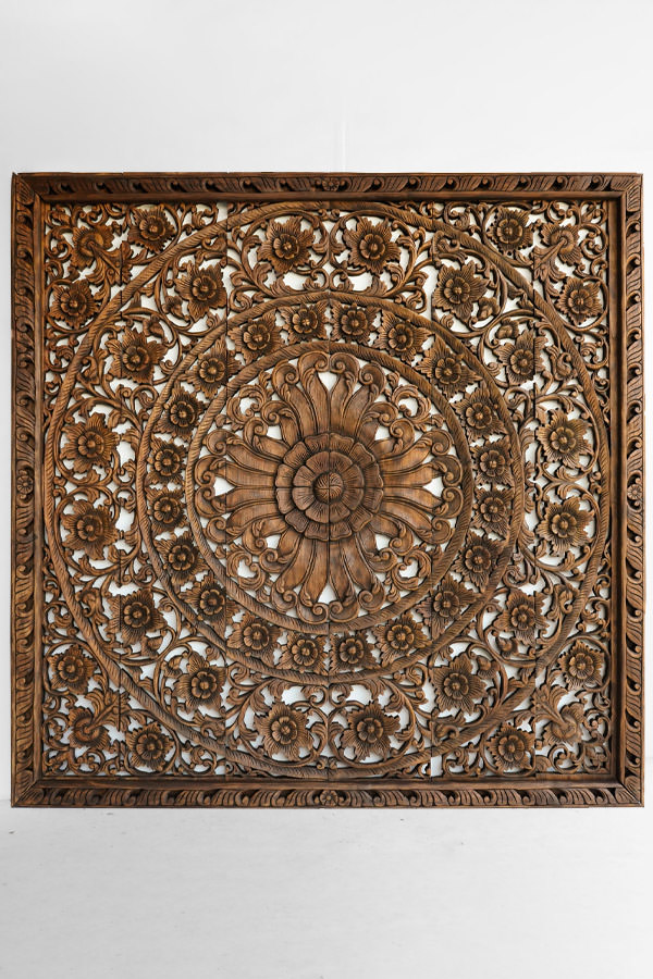 Mandala flower headboard for king size bed wood carved wall mount panel 72 inches