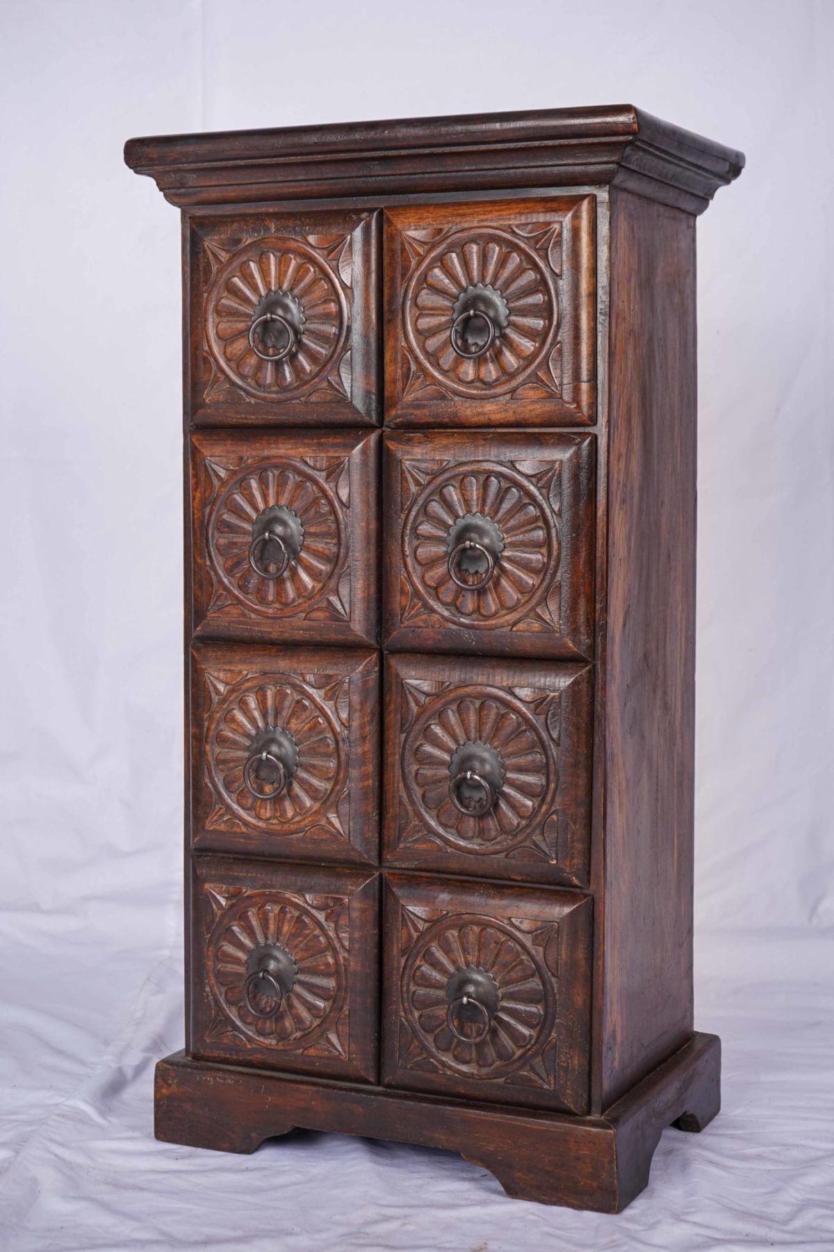 Narrow Tall Cabinet with Drawers Hand Carved Wood Furniture