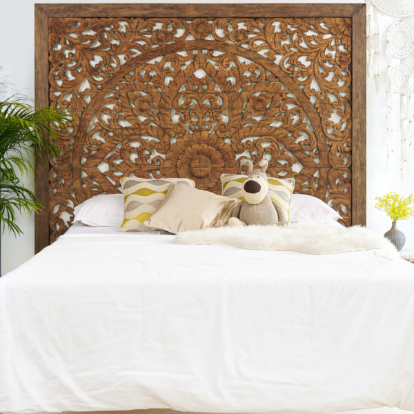 wall bed frame headboard wood king cottage decor brown siam sawadee scaled 600x600 - Super King-Sized Carved Headboard, Cottage Decor
