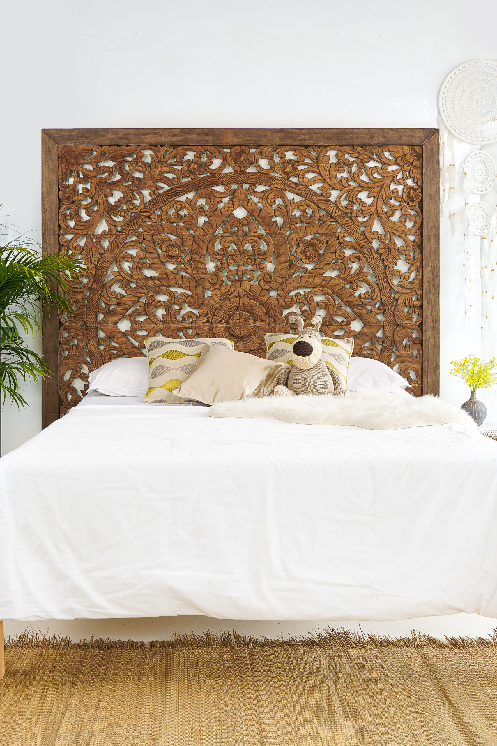 Super King Sized Carved Headboard, White And Brown Wood Bed Frame