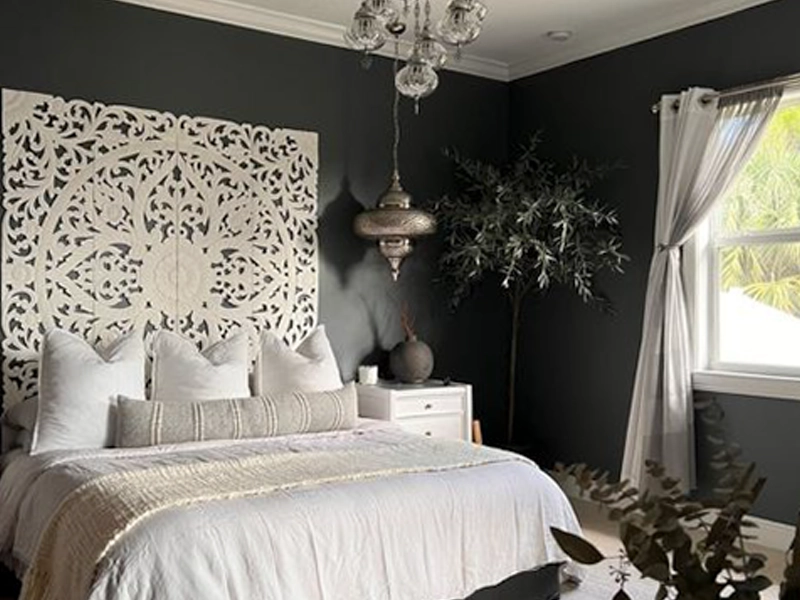 Handcrafted boho headboard in teak wood finished in white