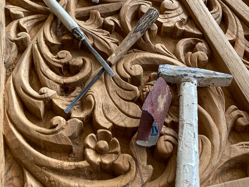 Hand crafting tools used by Thai artisans, wood carving techniques