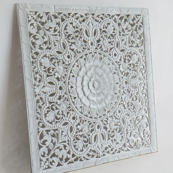 White mandala teak wood carved by hands for mural decor