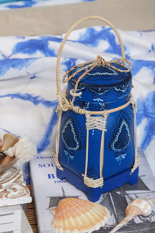 Beautiful deep blue container hand painted with Moroccan pattern
