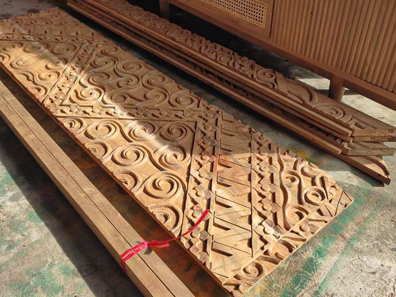 Raw teak wood panels handcrafted with carving tools