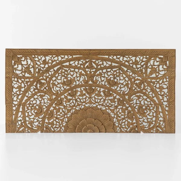 Reclaimed teak hand-carved half headboard in brown stain with Thai floral mandala design.