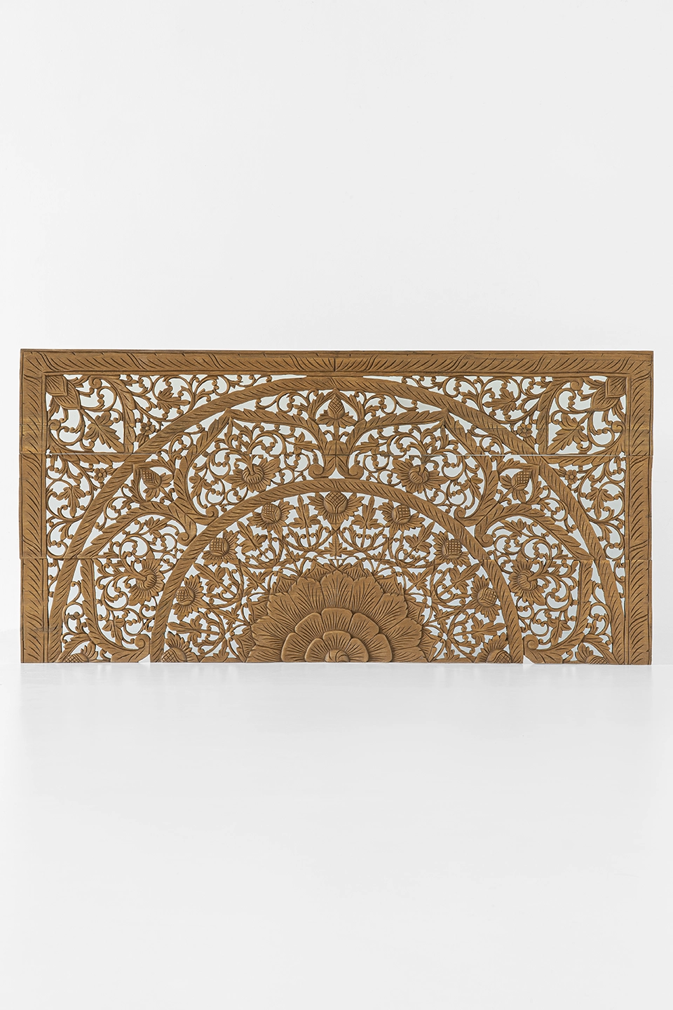 Hand-carved-half-headboard-in-california-king-brown-stain-1 Reclaimed teak hand-carved half headboard in brown stain with Thai floral mandala design.