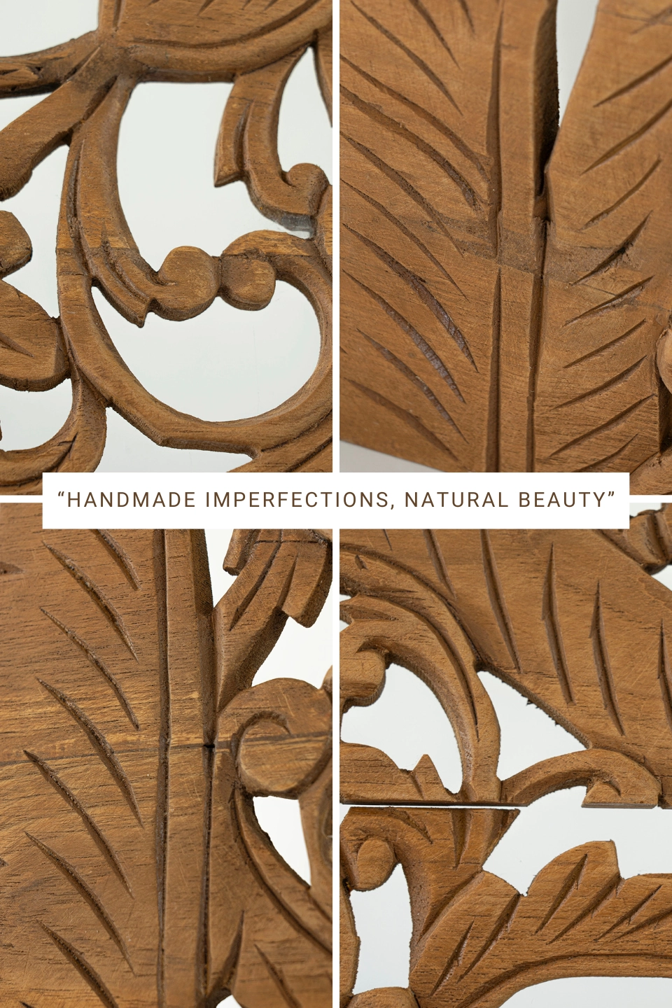Hand-carved-half-headboard-in-california-king-brown-stain-6 Collage showing natural imperfections in handcrafted reclaimed teak carvings.