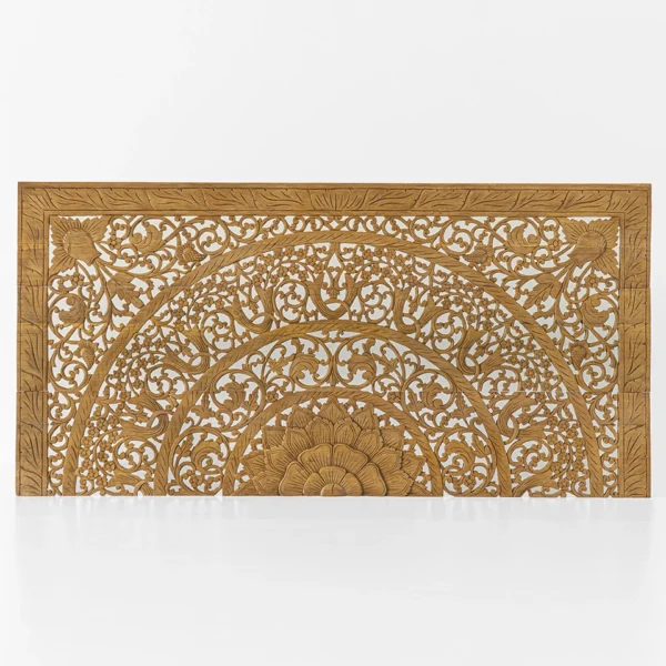 Hand-carved mandala lotus teak headboard in brown stain finish, 72-inch low-profile design for California King beds