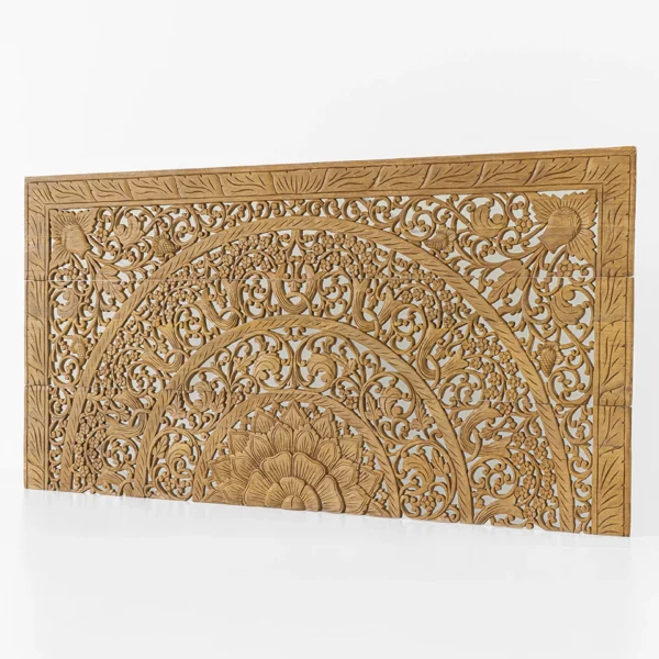 Hand-carved mandala lotus teak headboard in brown stain finish, 72-inch low-profile design for California King beds
