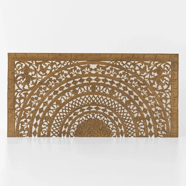 Moroccan hand-carved low-profile teak headboard in brown finish, 72-inch design with intricate floral arches